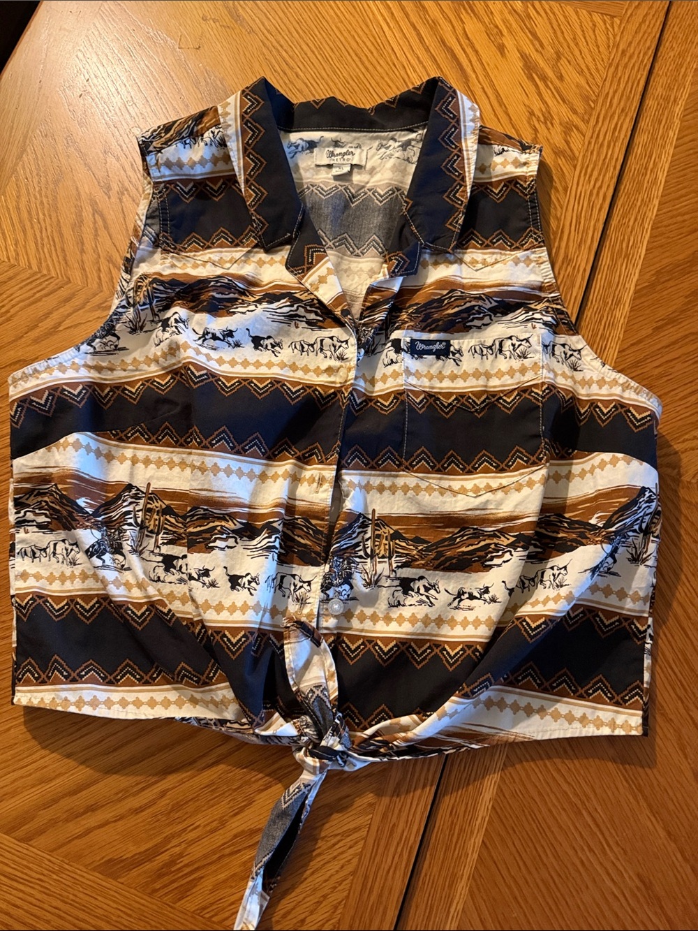 Wrangler Brown Black Cream Western Tie-Front Crop Top